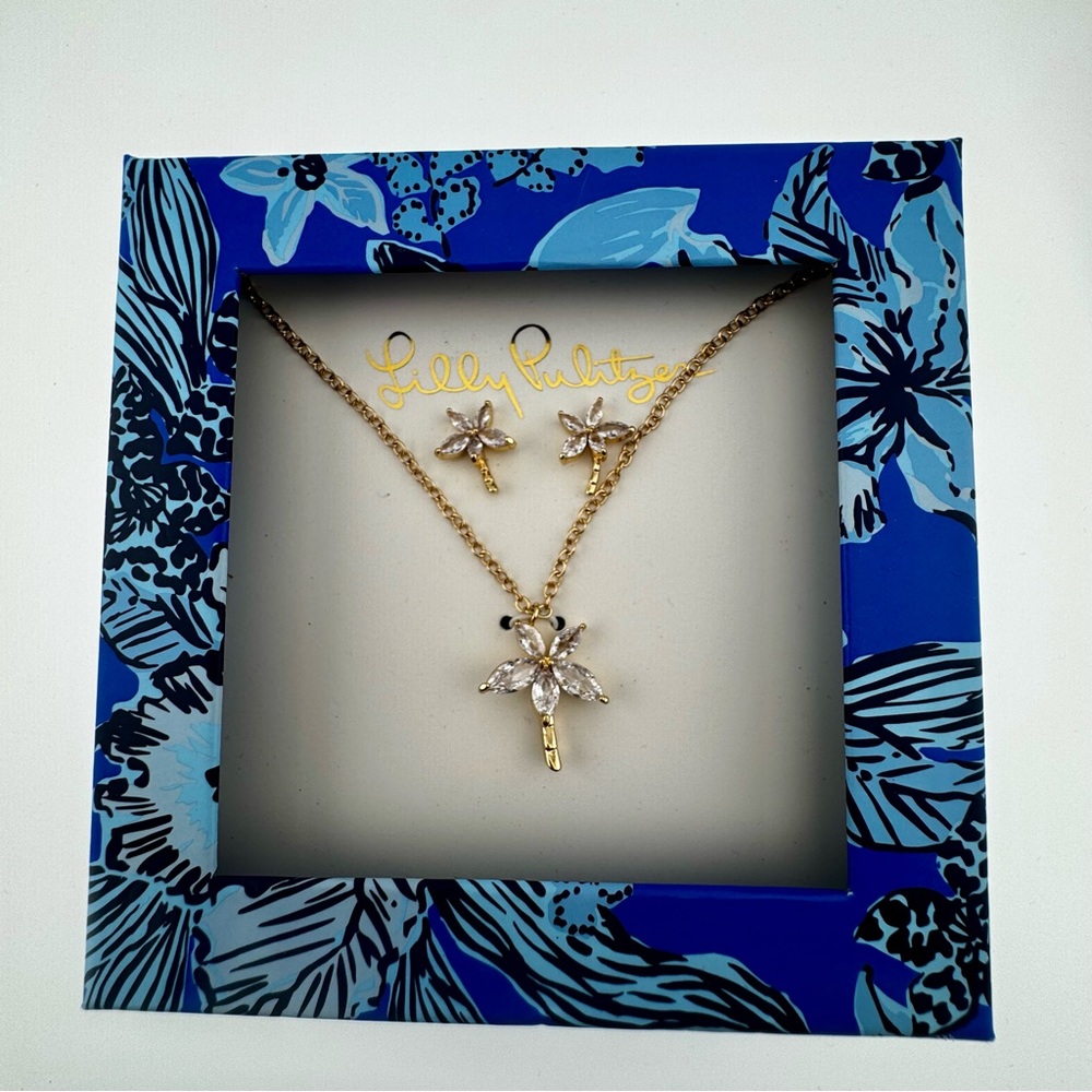 Lilly Pulitzer New Gold Necklace Set with Crystal Palm trees